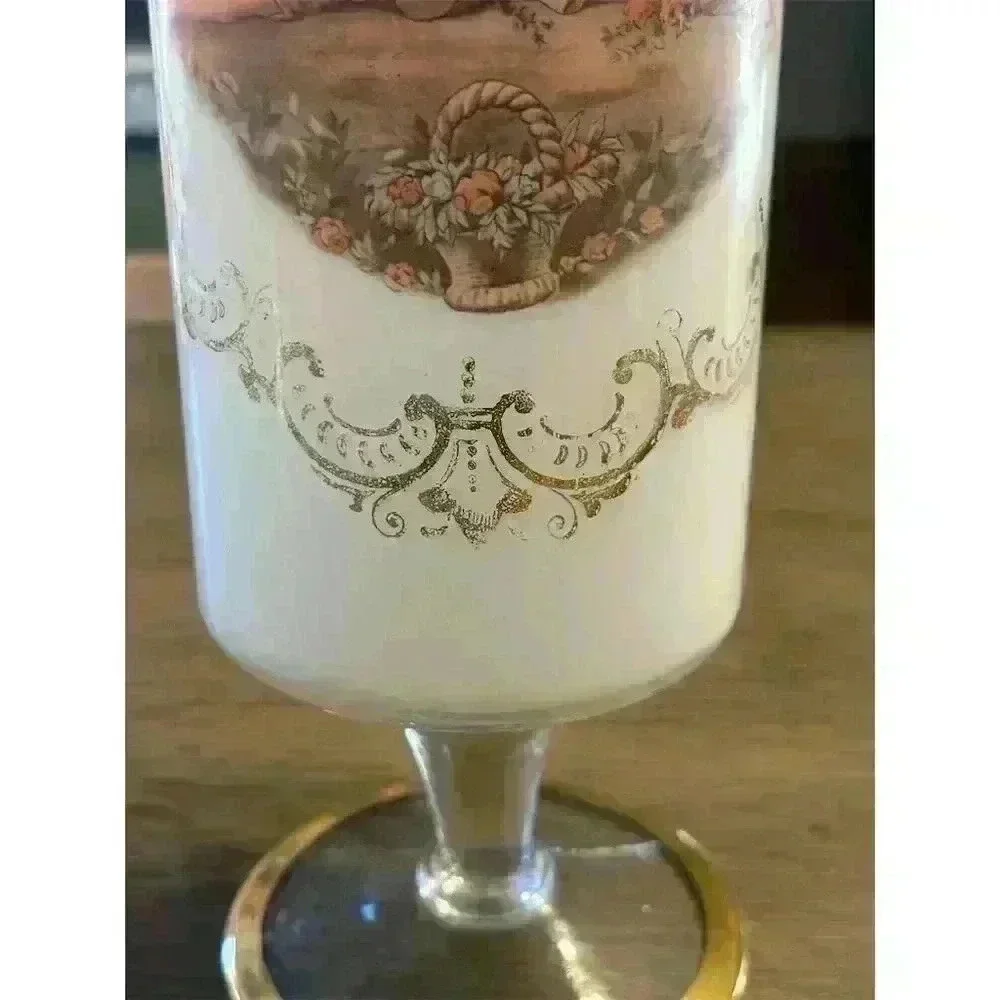 Vintage Painted milk glass Vase with Gold Trim Victorian scene